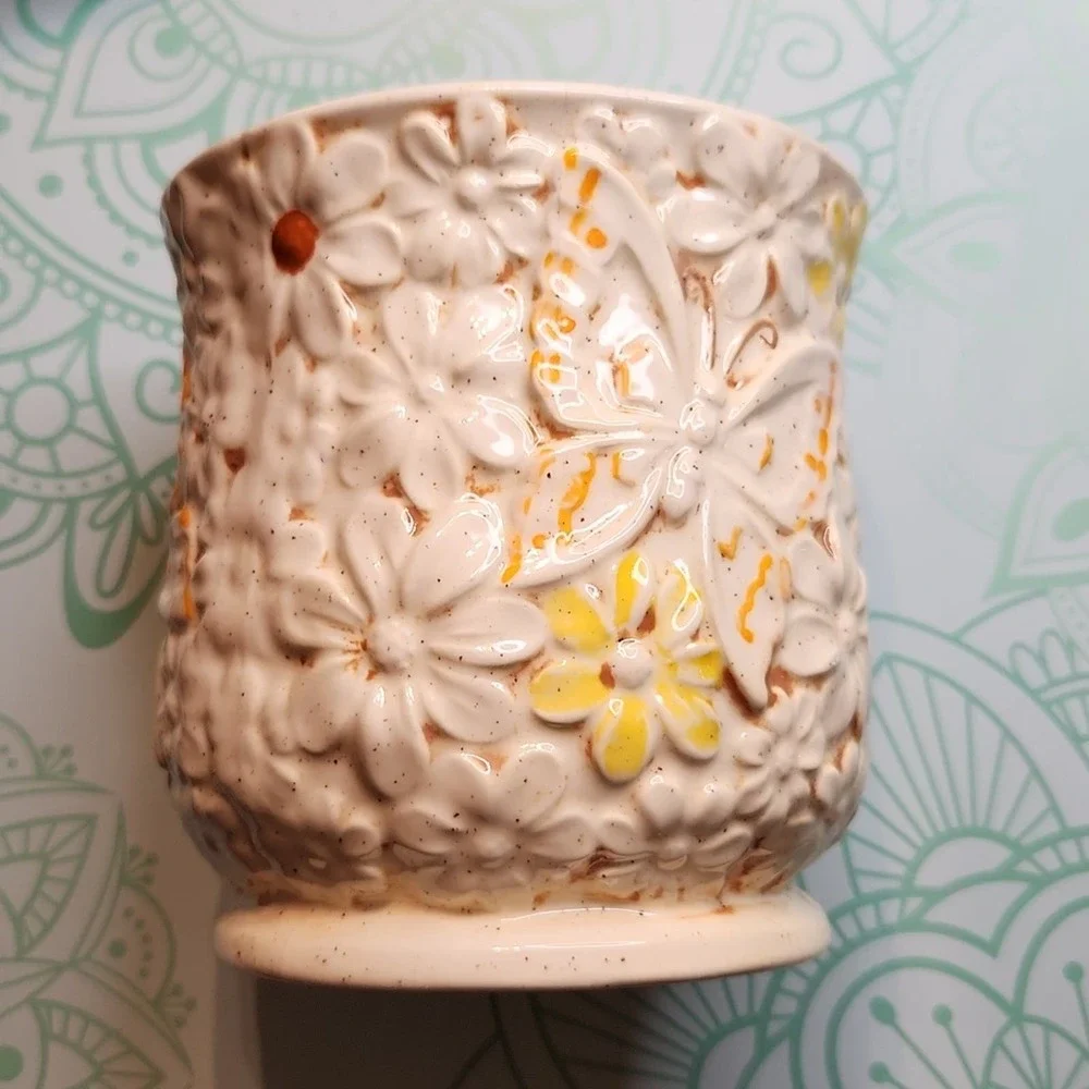 Vintage Cookie Jar Canister Flowers Daisy Butterfly Cream Orange Yellow Brown - Picture 6 of 12